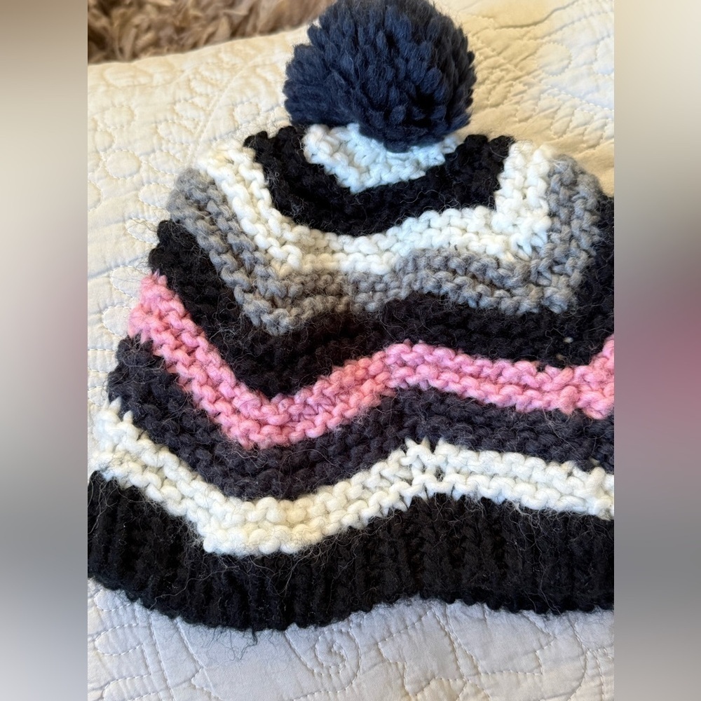 Pink Gray Black White Chevron Knit Pom Pom Beanie Wool Blend Hat One Size